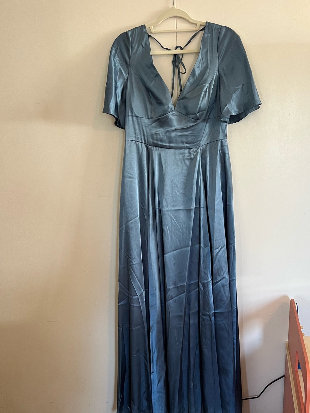Lina Steel Blue Satin V-Neck Maxi Dress with Back Tie
